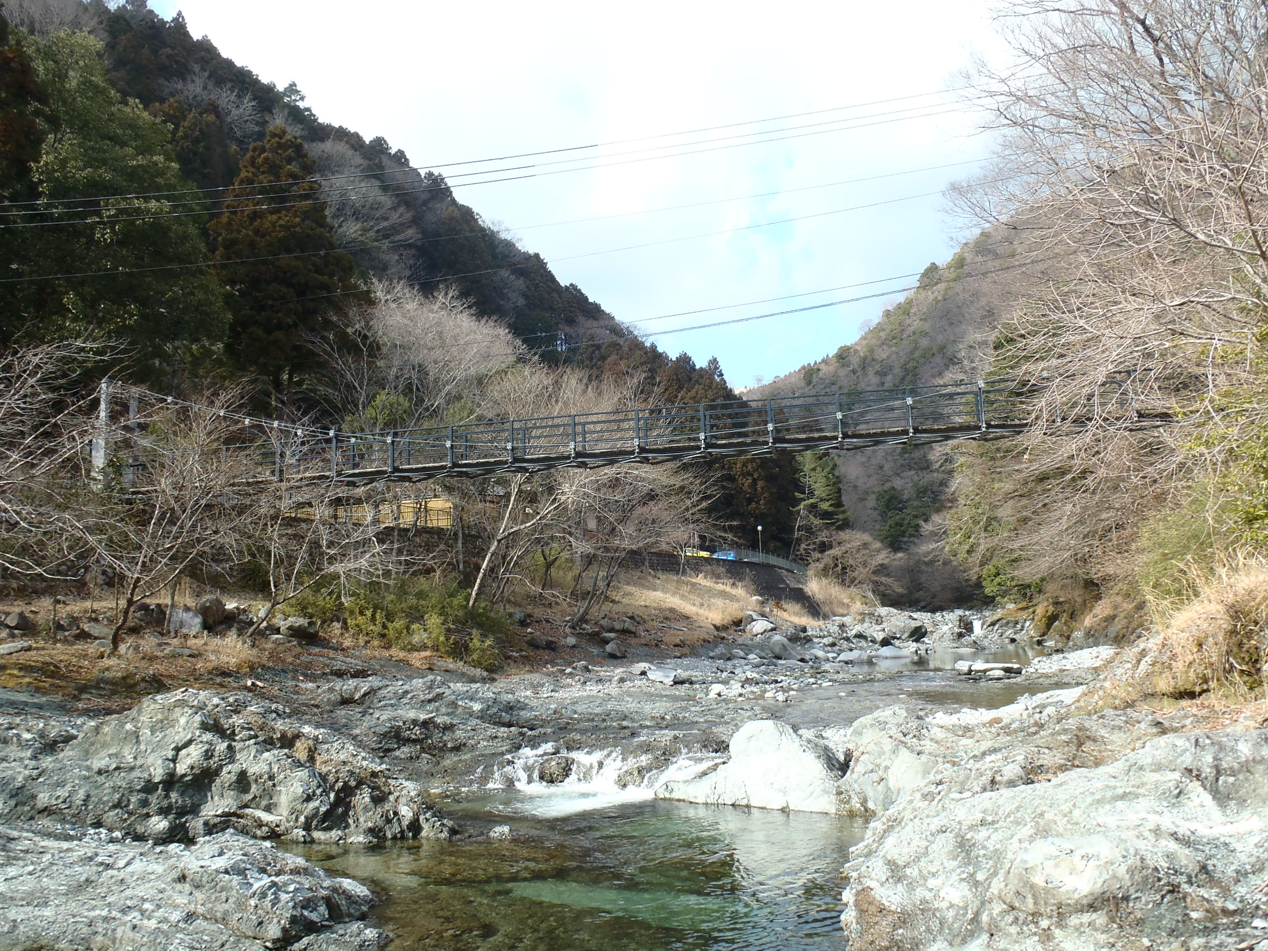 川から見上げるつり橋